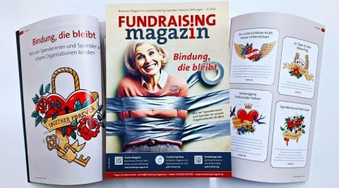 Fundraising Magazin - Vorschau Inhalt und Titelbild mit lächelnder Frau, die mit Panzertape an die Wand geklebt ist.