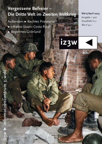 Titelbild der iz3w 407: Unsere vergessenen Befreier - Die Dritte Welt im Zweiten Weltkrieg. Zu sehen sind schwarze Soldaten vor einem Kamin, die ihre Socken trocknen.